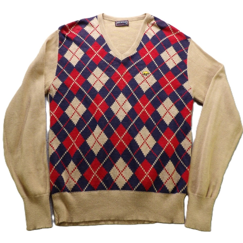 VTG 80s Jack Nicklaus Sweater Men M Argyle V-Neck Long Sleeve Beige Blue Top USA